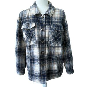 Ever B Plaid Flannel Jacket With Sherpa Lining Blue and Tan Size Large